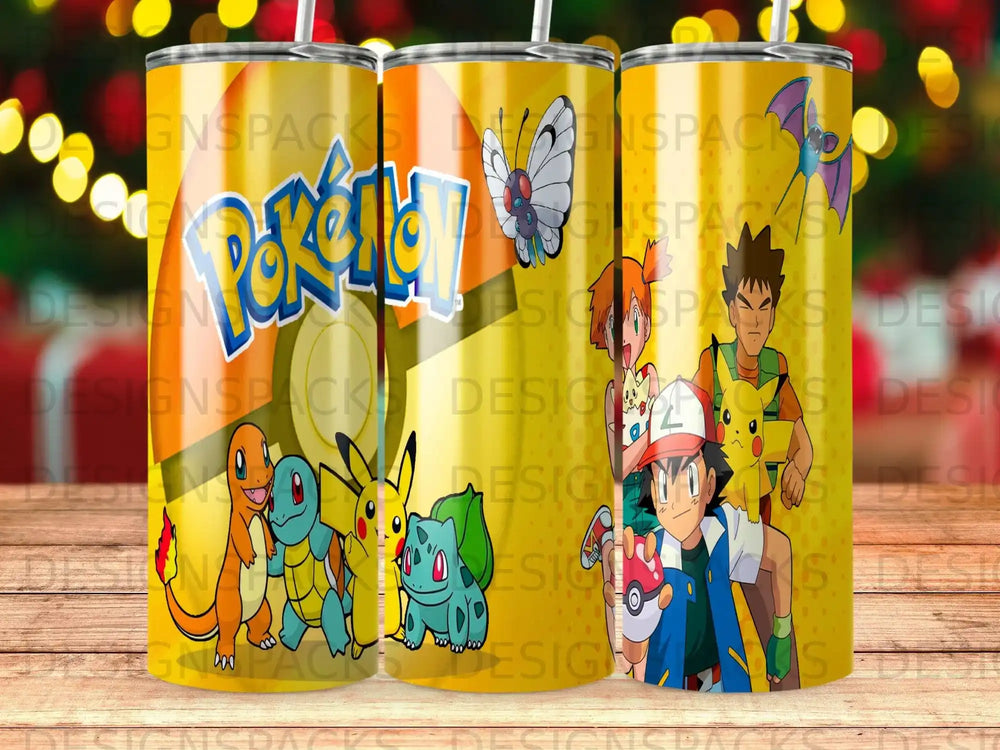 Pikachu, Charmander, Squirtle, and Bulbasaur on a yellow Pokémon tumbler.