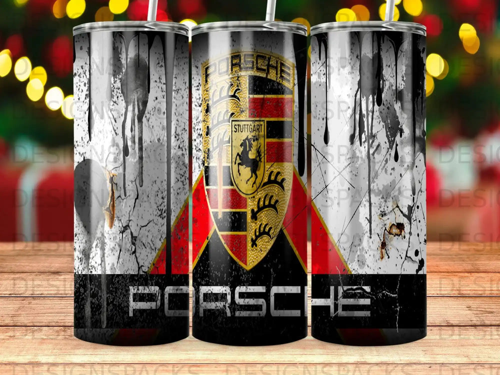Porsche crest and "Stuttgart" text on a grunge splatter tumbler design.