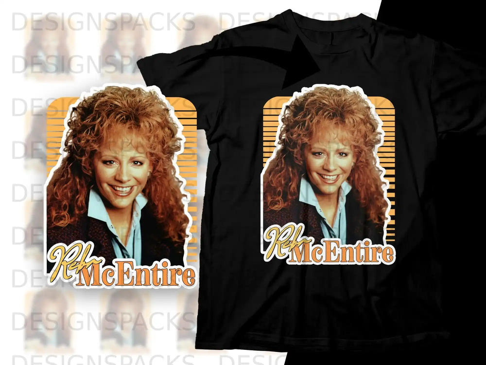 Reba McEntire portrait on black t-shirt with yellow striped background.