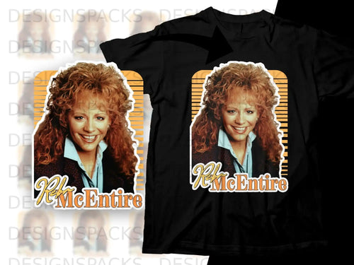 Reba McEntire portrait on black t-shirt with yellow striped background.