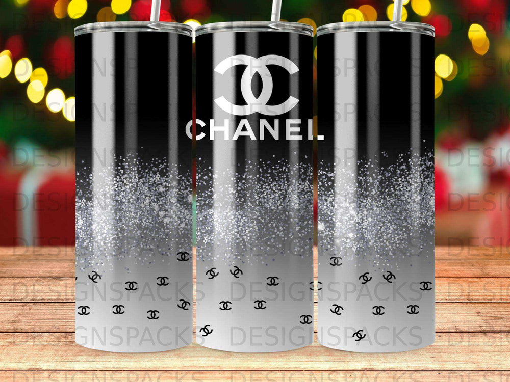 Chanel logo on a black tumbler with silver glitter accents.