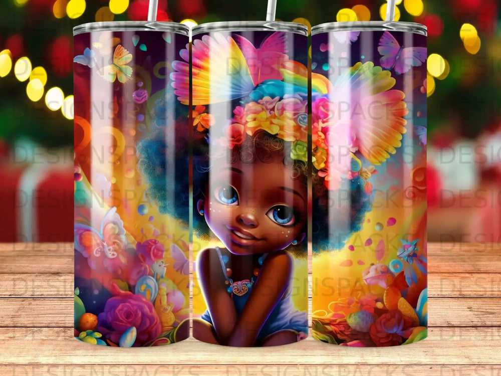 Child with colorful flowers in hair and butterfly wings, holding hands.