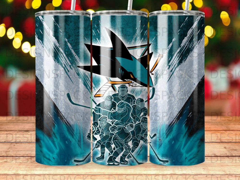 Team graphic with hockey players, puck, and sticks in teal and black.