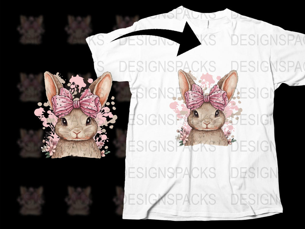 Cute Rabbit T-Shirt with Pink Bow and Floral Design, Spring Bunny Graphic Tee for Women and Kids