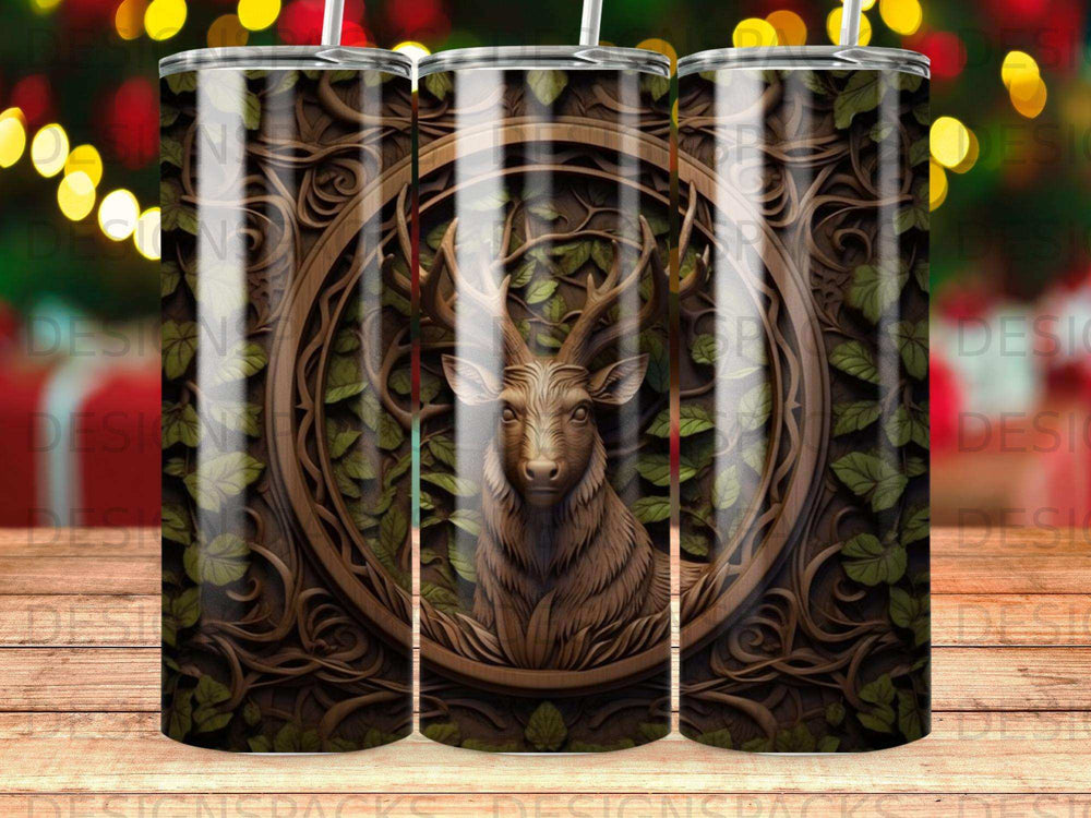 Carved wooden frame with a stag's head and green leaves.