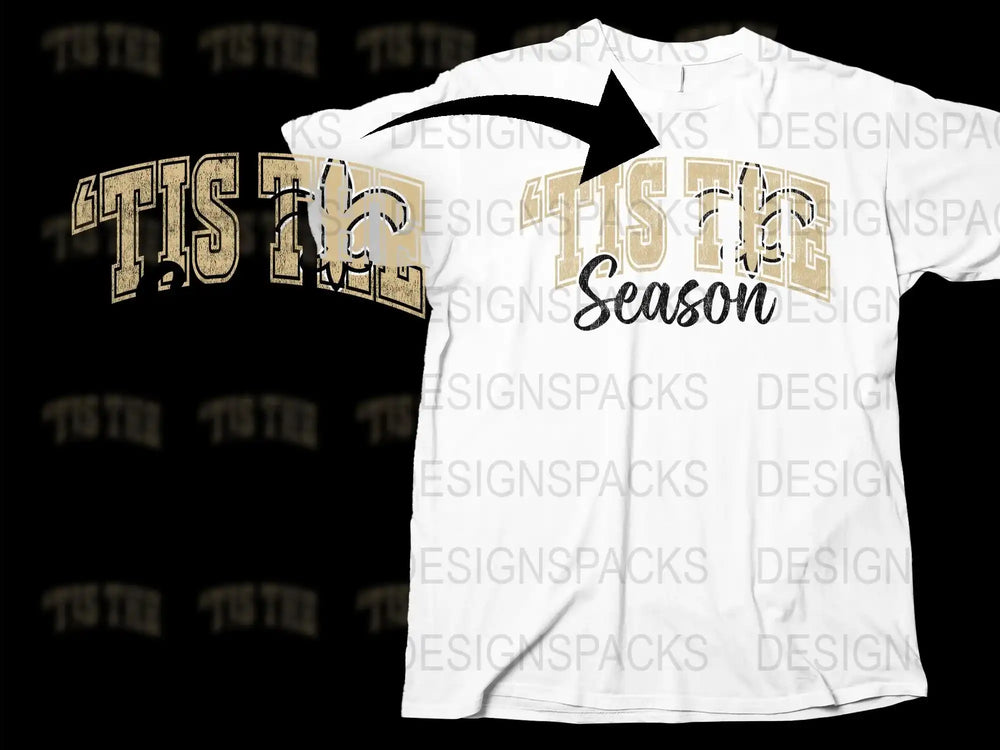 'Tis The Season T-Shirt, Festive Holiday Gold Glitter Text, Christmas Party Apparel, White Unisex Tee Gift Idea
