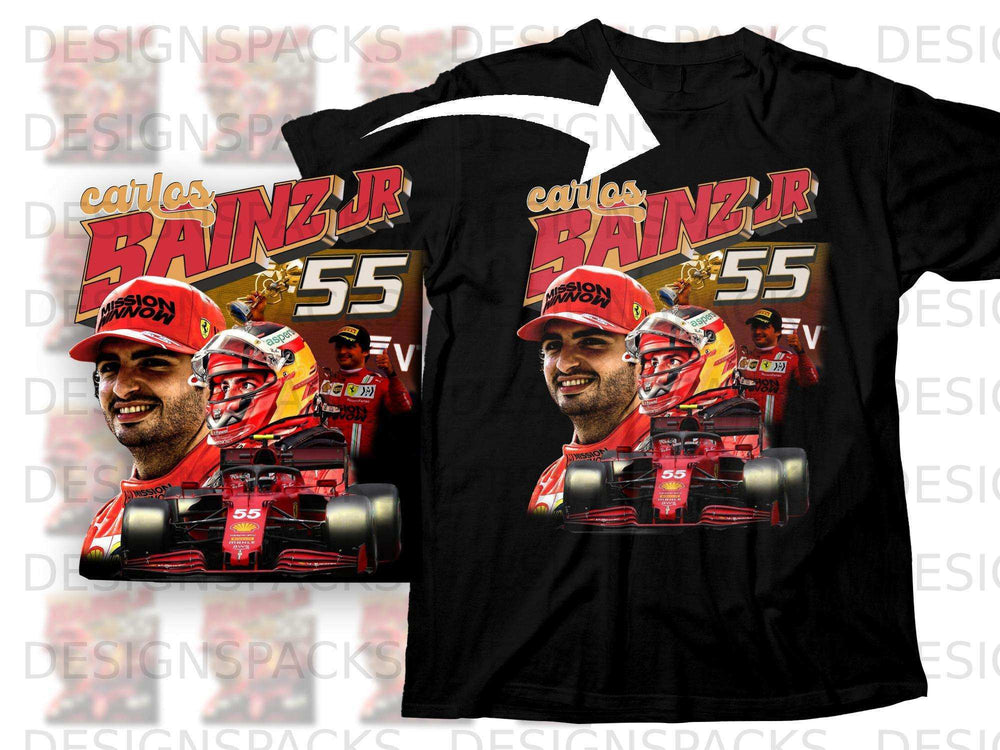 Carlos Sainz and Ferrari F1 car with "55" and "MISSION WINNOW" branding.