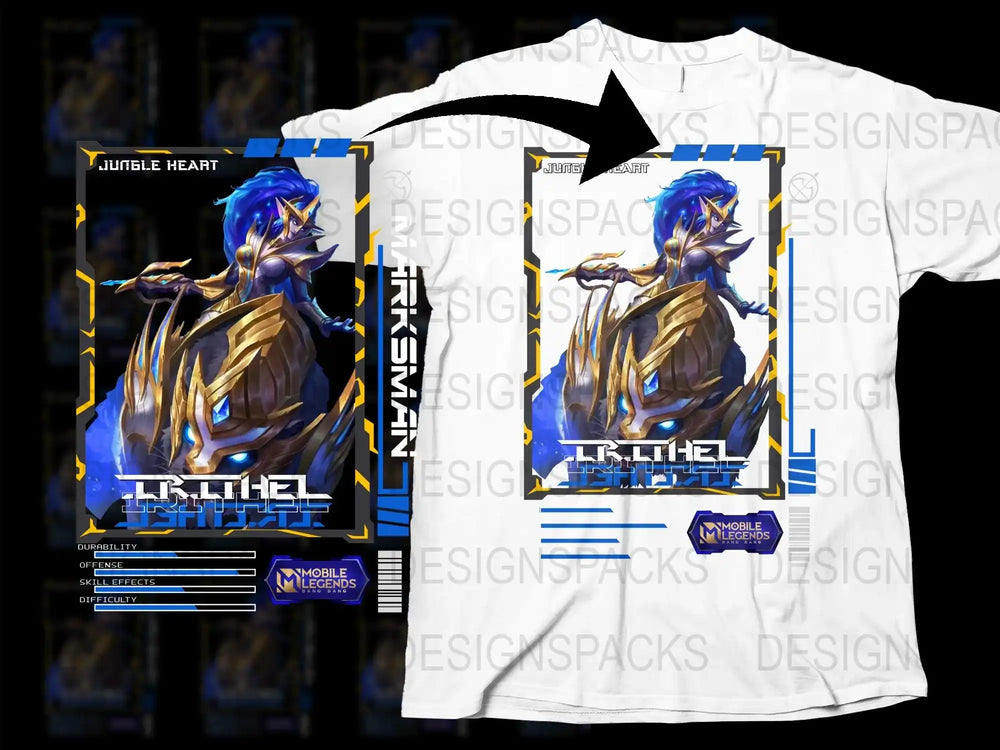 Jungle Heart T-Shirt, Mobile Legends Game, Irithel Hero Graphic Tee, Blue and White