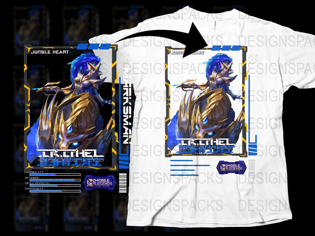 Jungle Heart T-Shirt, Mobile Legends Game, Irithel Hero Graphic Tee, Blue and White