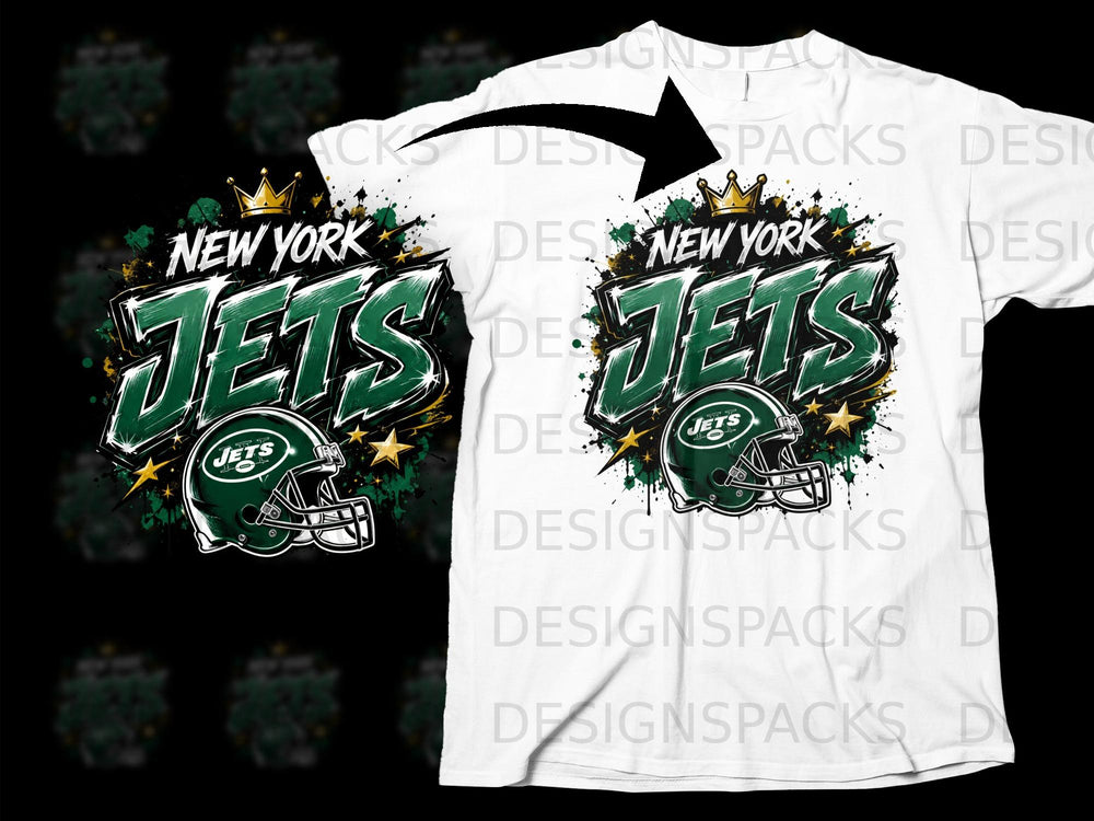 New York Jets logo with helmet and crown on a white t-shirt.