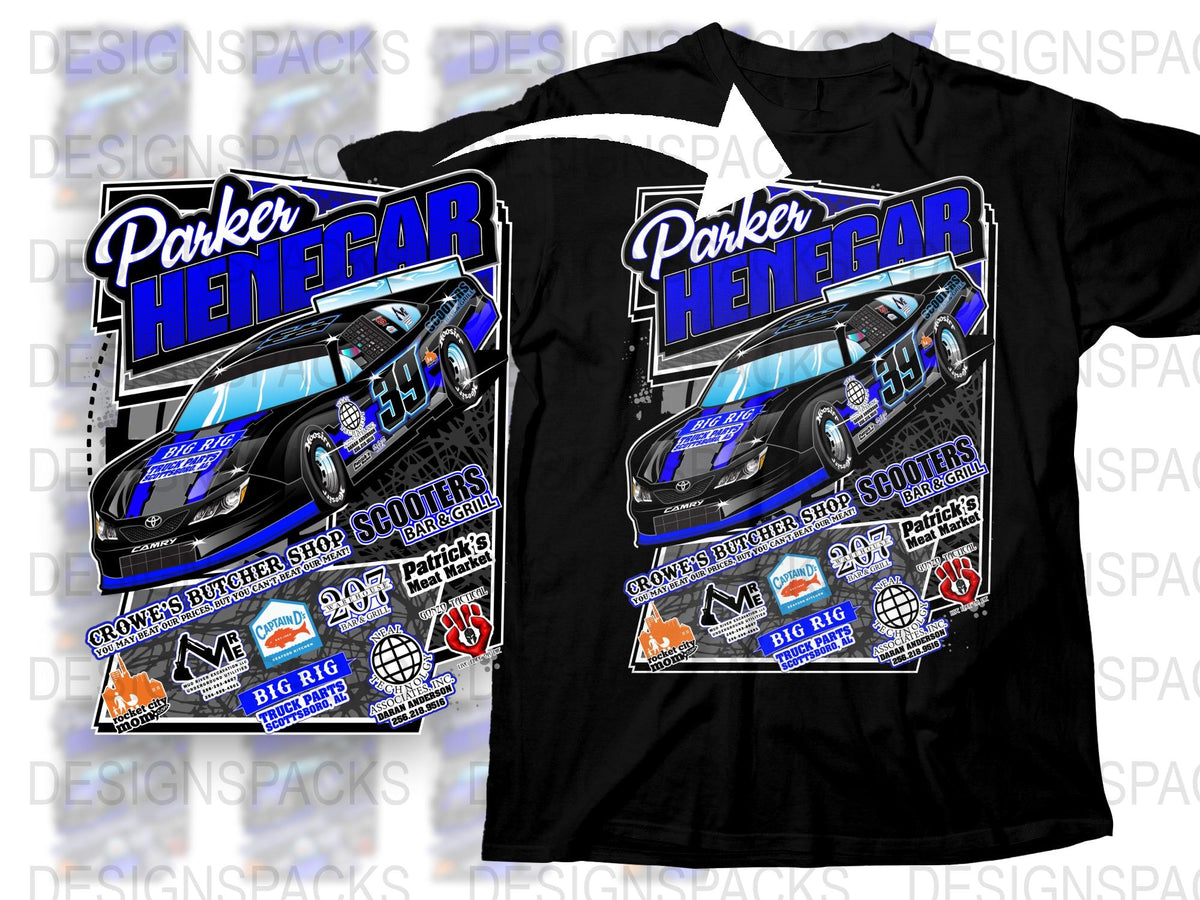 Custom Racing Team T-Shirt, Parker Henfear Design, Personalized Car Graphics, Bold Text, Motorsport Apparel
