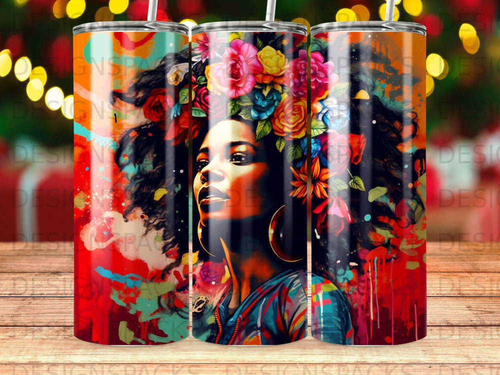 Woman with colorful floral headdress and hoop earrings, vibrant abstract background.