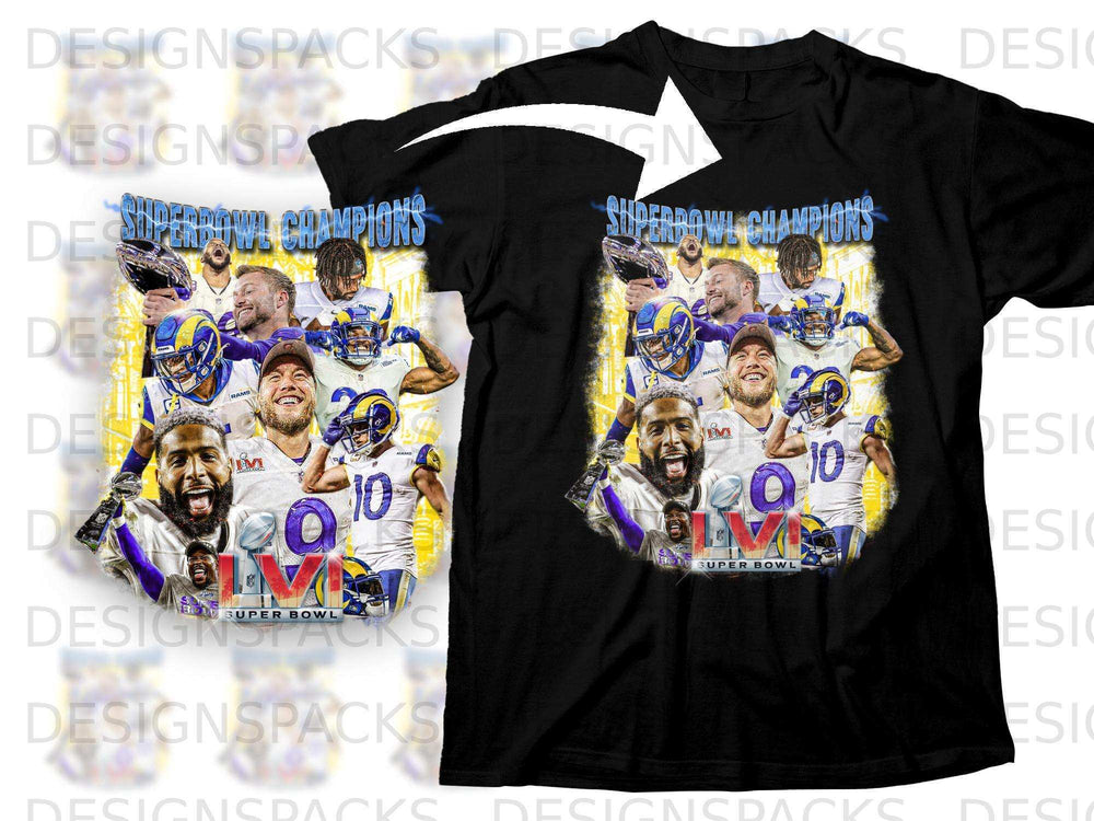Los Angeles Rams Super Bowl champions graphic on black t-shirt.
