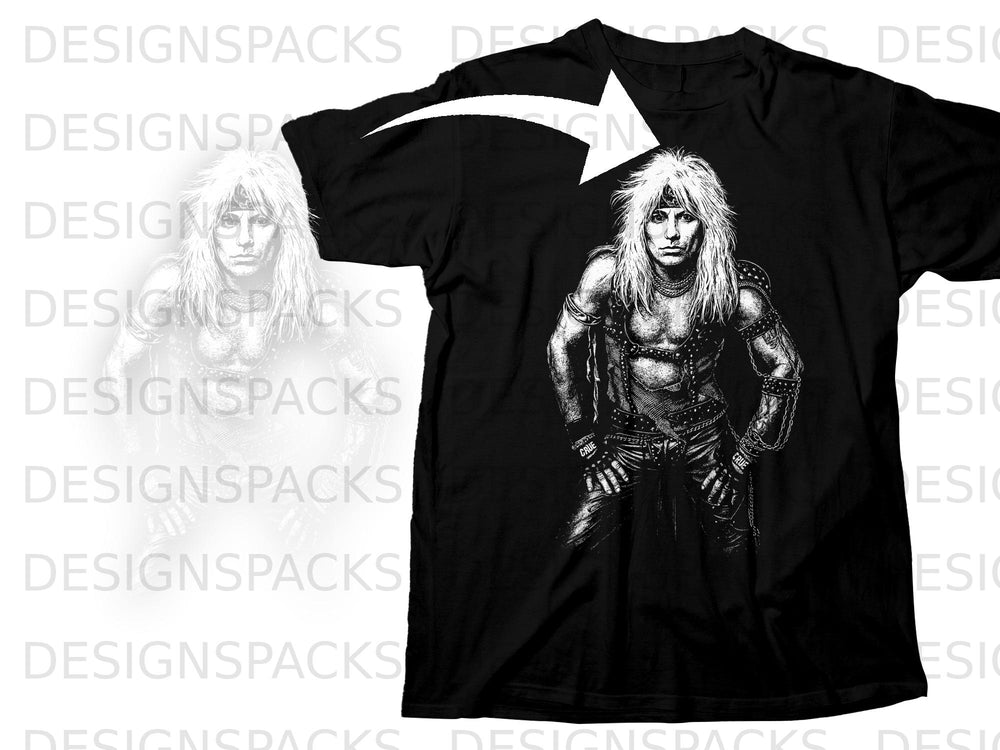 Black t-shirt with a distressed, white graphic of a long-haired, shirtless man in studded clothing.