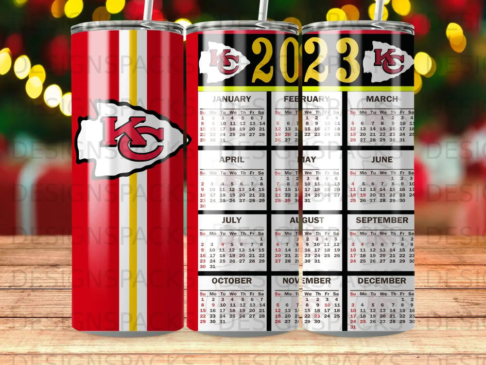 Kansas City Chiefs 2023 calendar featuring team logo and monthly grids.