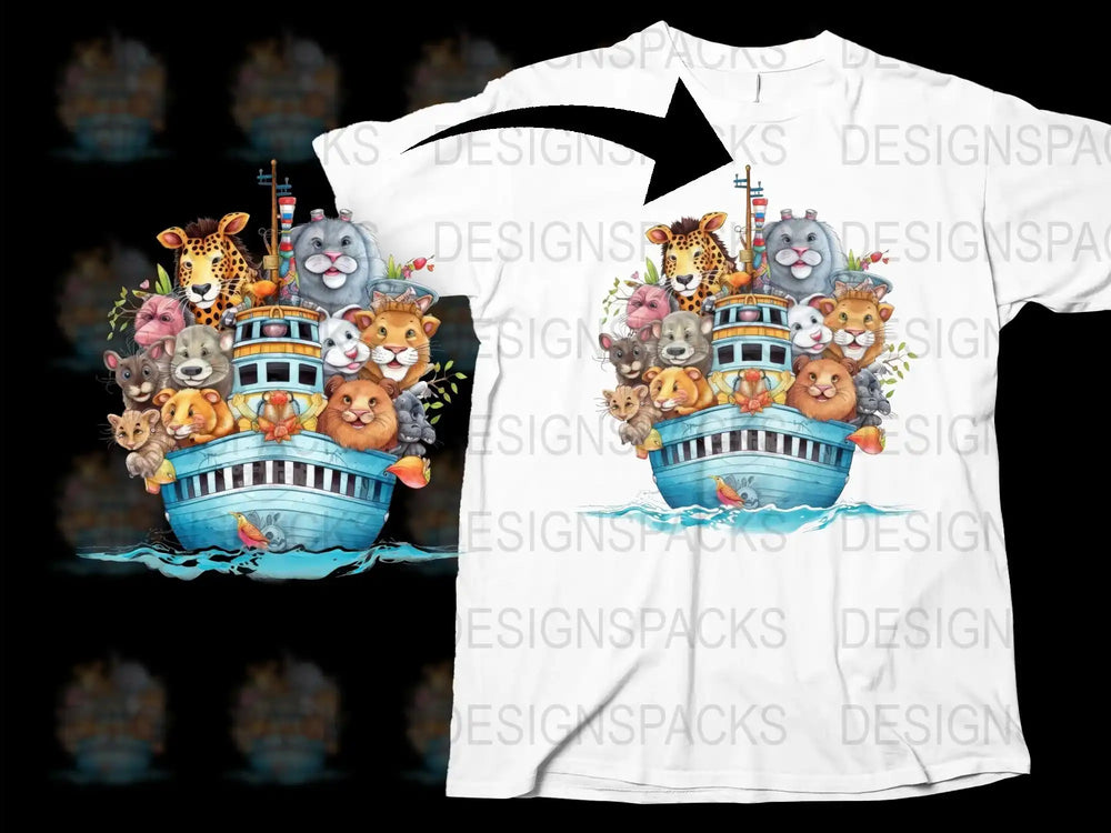 Colorful Animal Boat Graphic T-Shirt, Cute Zoo Animals on Ship, Children's Fun Cartoon Tee, Unisex Kids' Apparel