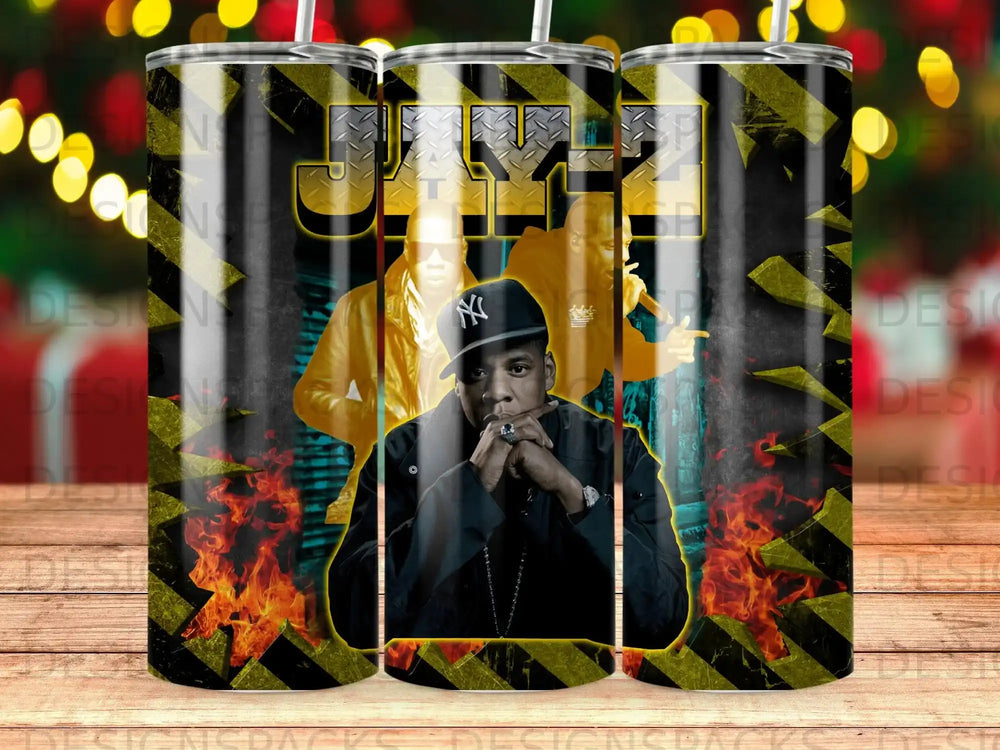 Jay-Z portrait with flame and hazard stripe background.