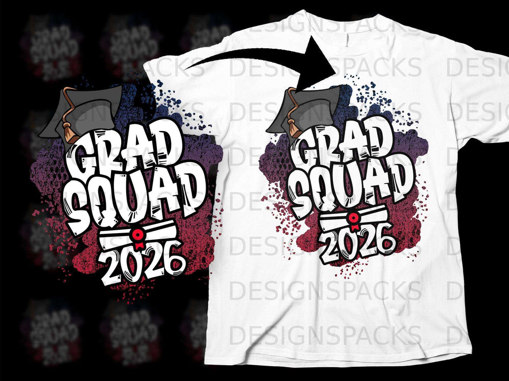 "Grad Squad 2026" graphic with graduation cap on a white t-shirt.