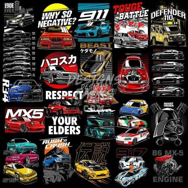 Car design bundle with JDM, turbo, and race car graphics for DTG/DTF printing
