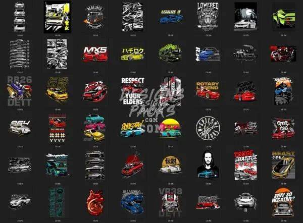 Car-themed DTF/DTG designs bundle with print-ready PNG, SVG, PES files for t-shirts, tumblers, embroidery