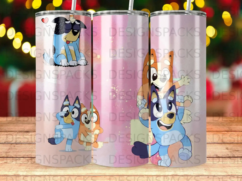 Bluey and Bingo characters on a pink gradient tumbler with bokeh background.