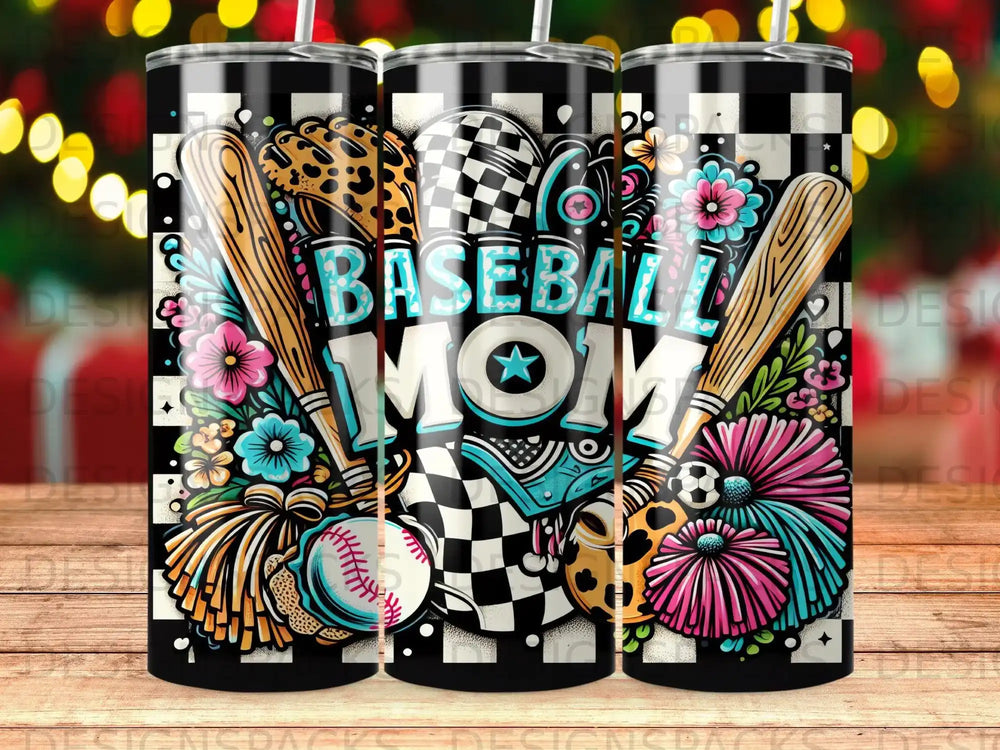 Baseball Mom tumbler with baseball equipment and floral accents.