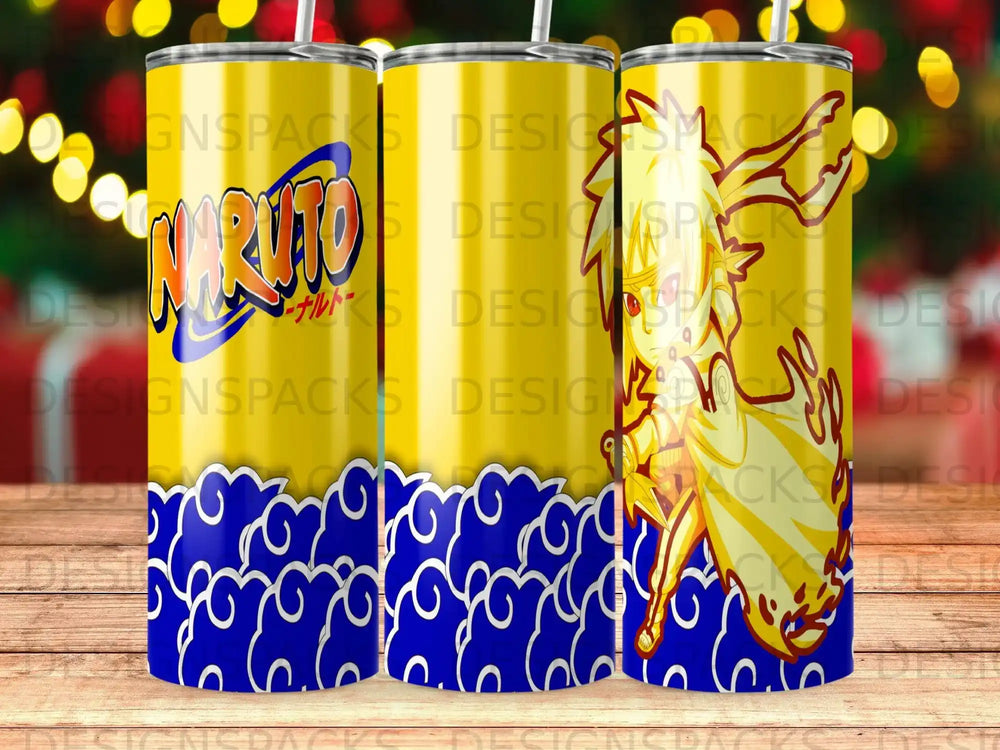 Naruto Shippuden tumbler with orange, yellow, and blue wave design.