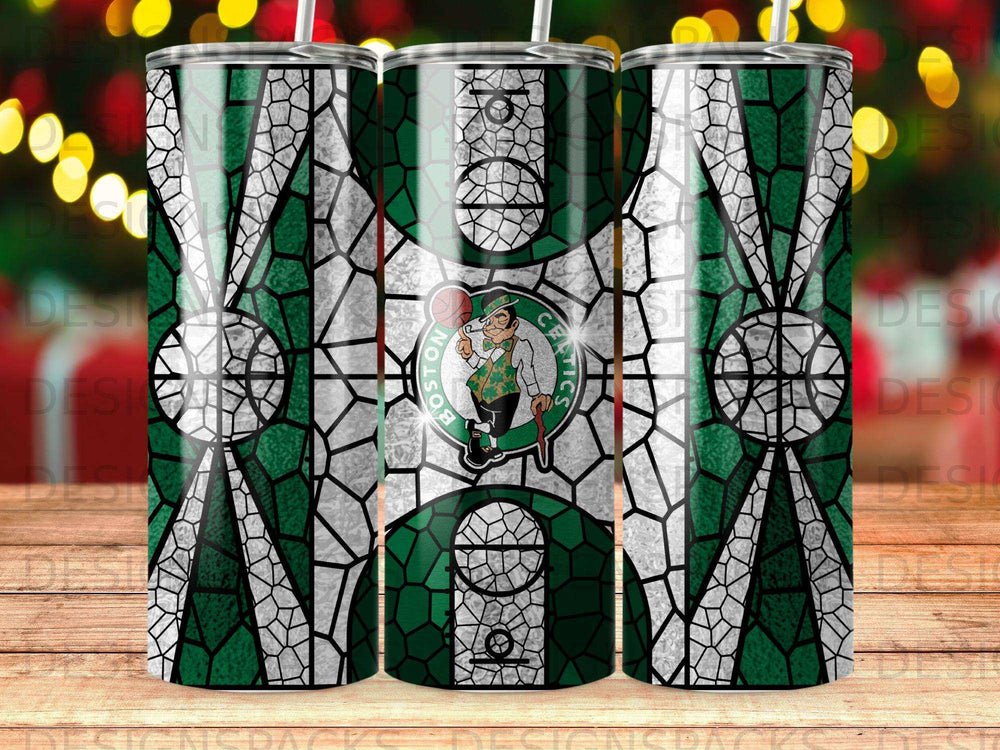 Boston Celtics logo on stained glass pattern tumbler.