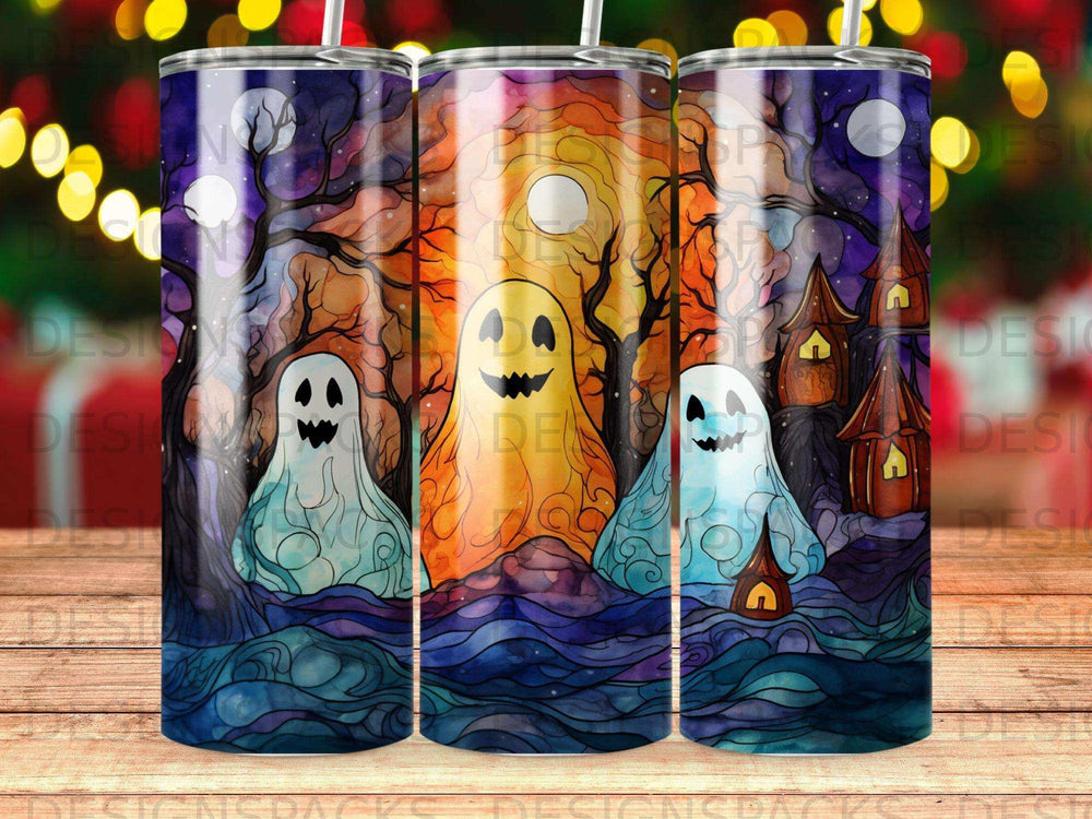 Three ghosts float in front of a moonlit, eerie forest and spooky houses.