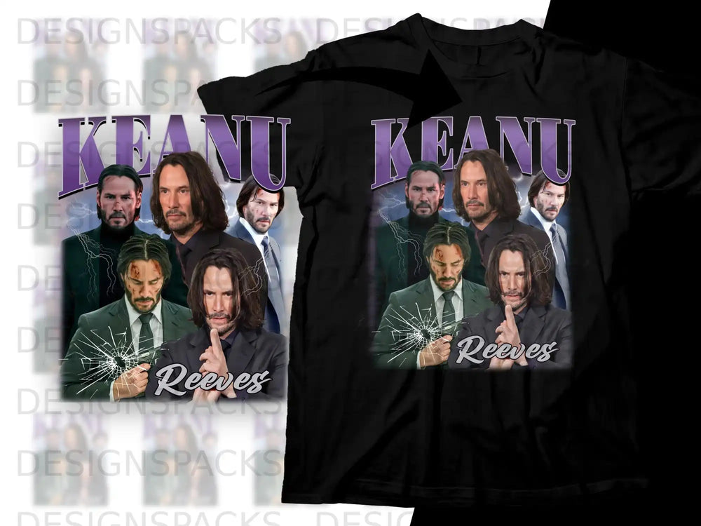 T-shirt with a collage of Keanu Reeves images and the name "Reeves".
