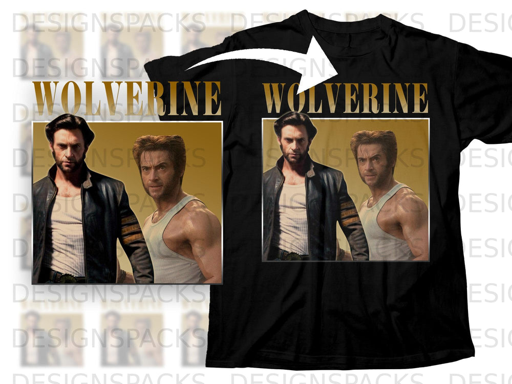Black t-shirt with Wolverine graphics and text.