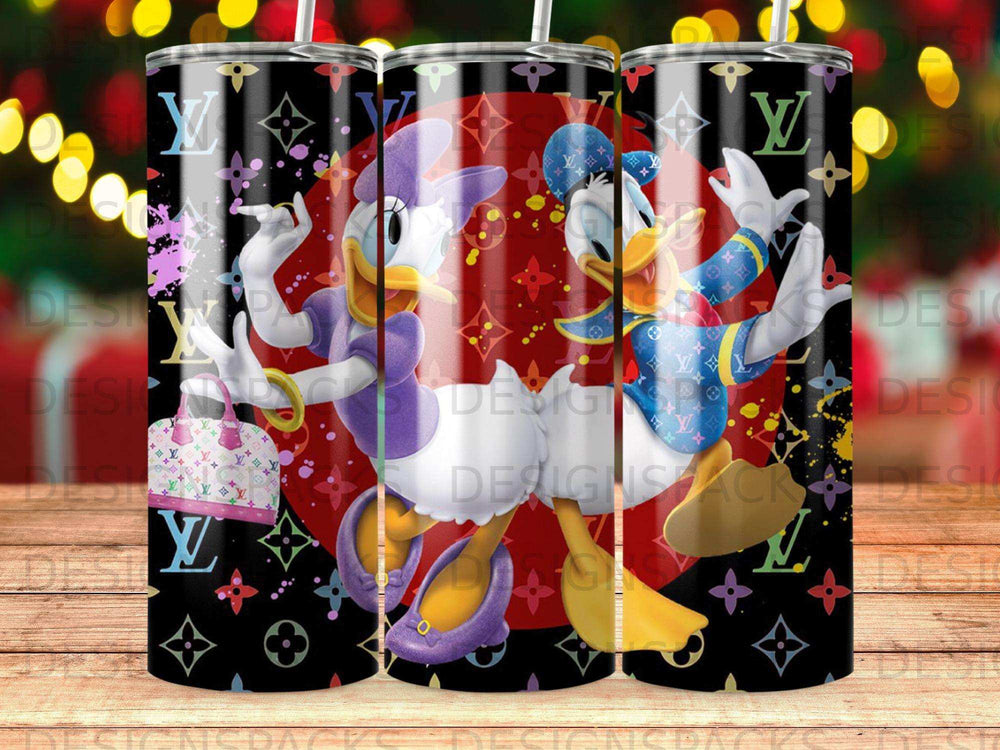 Donald and Daisy Duck characters on a black background with Louis Vuitton-style pattern.