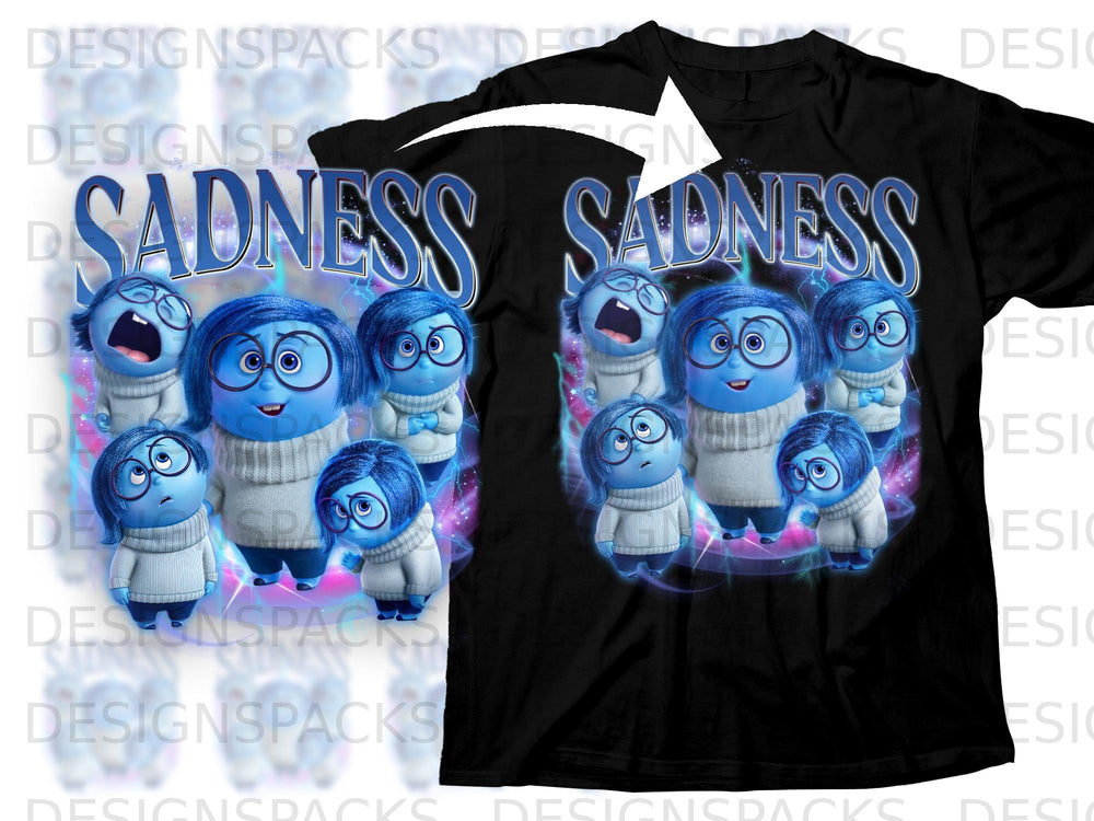 Black t-shirt with Sadness characters and the word "Sadness" in blue letters.