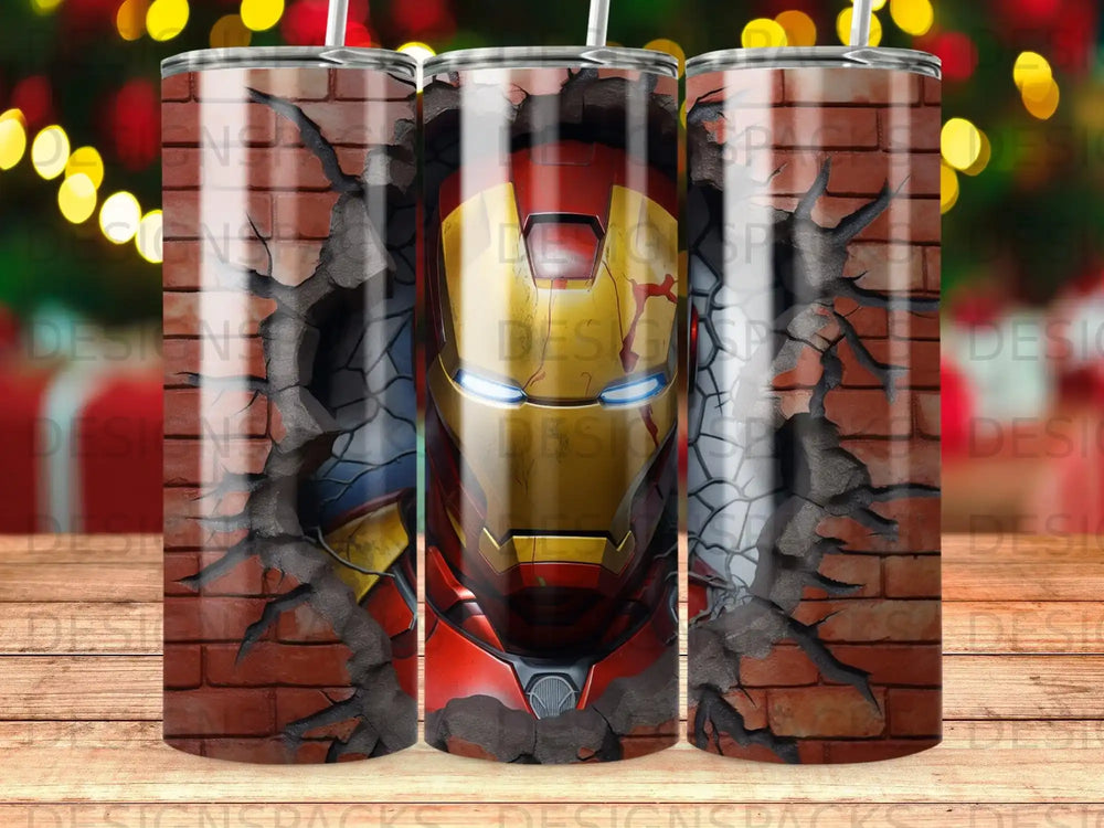Iron Man helmet breaking through a brick wall, comic book style.
