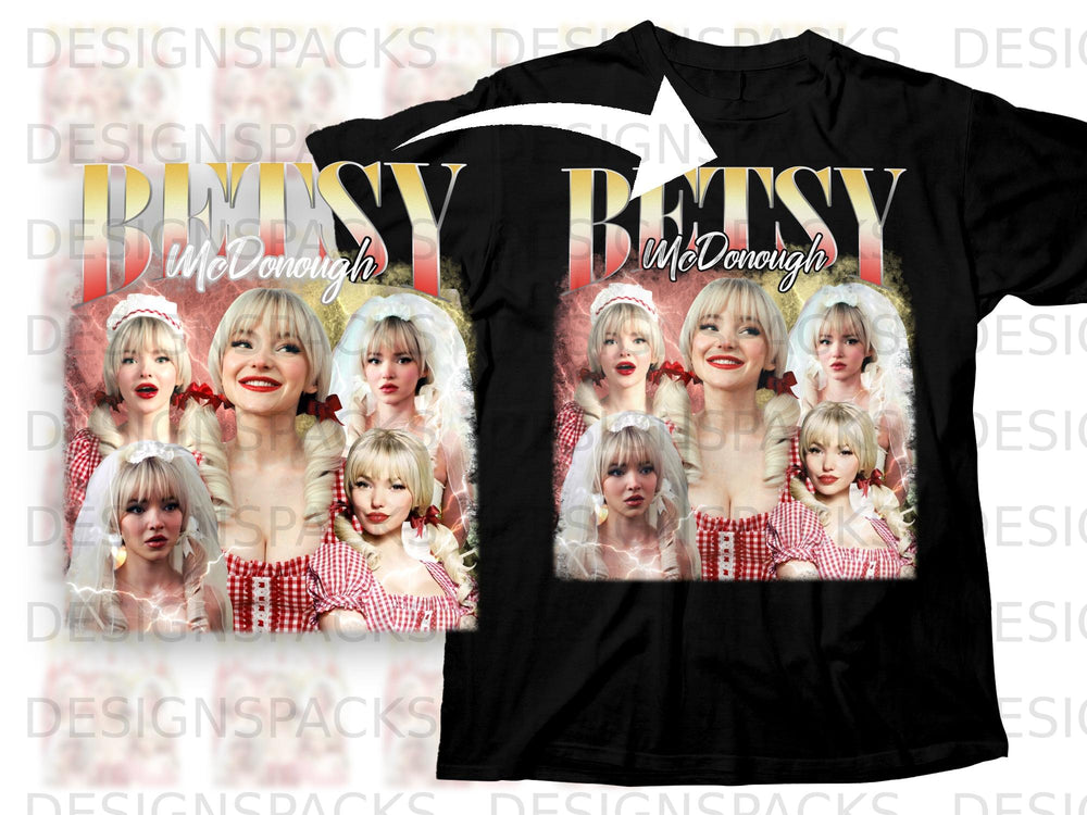 Black t-shirt with "Betsy McDonough" graphic featuring multiple images of a blonde woman.