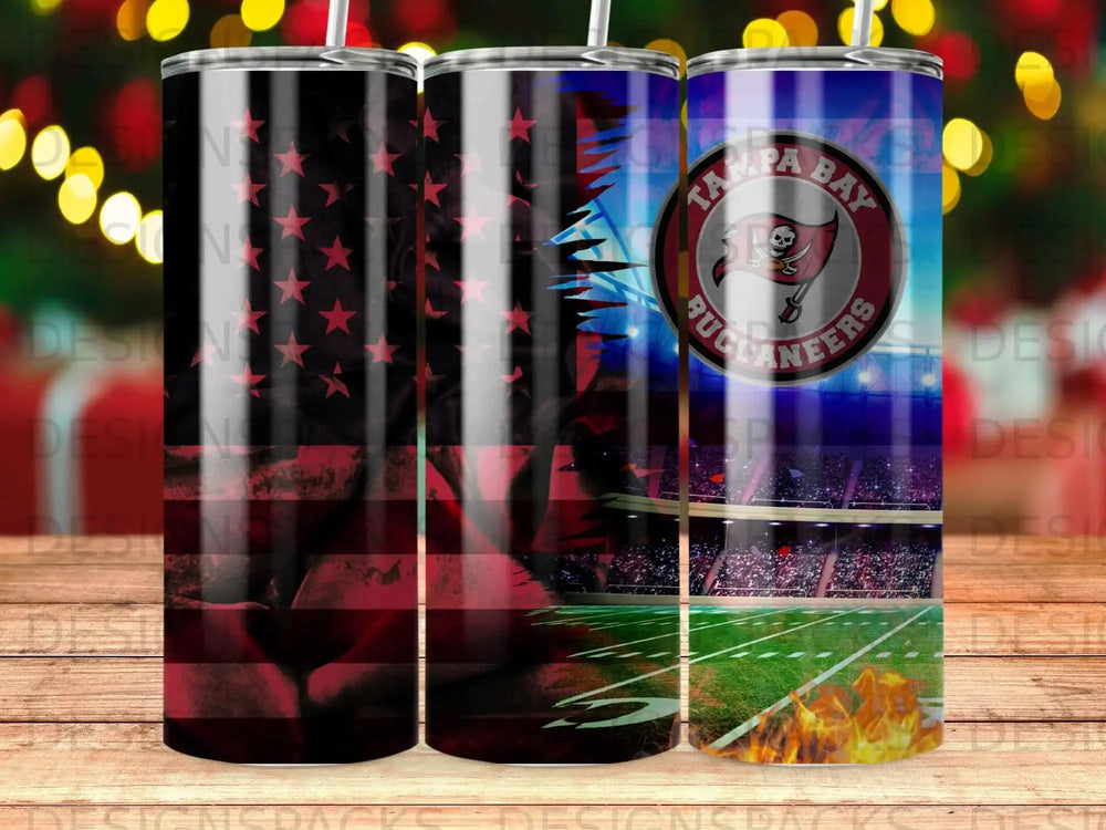 Tampa Bay Buccaneers stadium scene with American flag and football field.