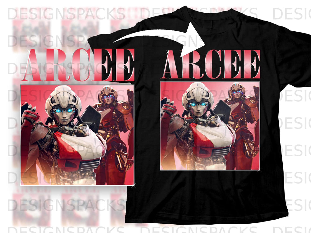 Black t-shirt featuring "ARCEE" text and images of Transformers characters.