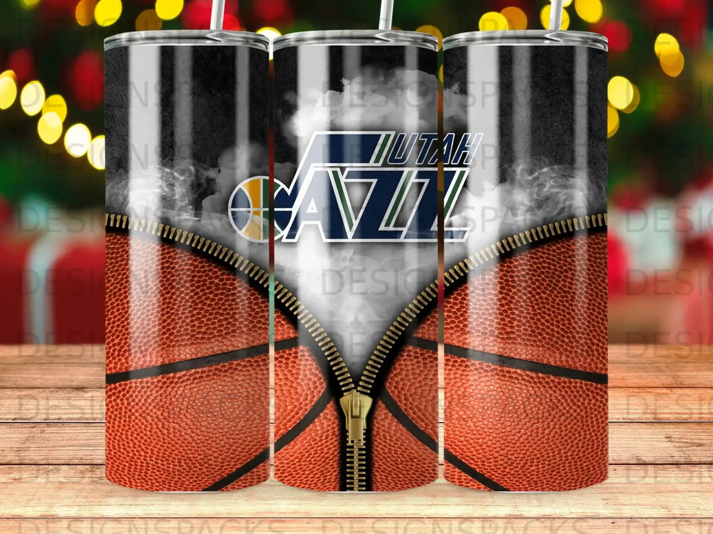 Utah Jazz basketball tumbler with zipper detail.