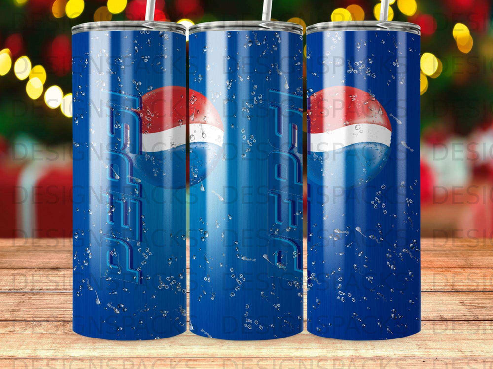 Blue Pepsi tumbler with water droplet pattern and logo.