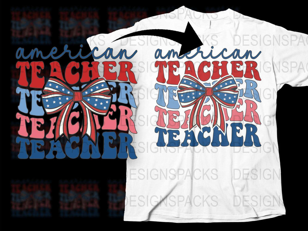 American Teacher T-Shirt, Patriotic Educator Gift, USA Flag Bow, Red Blue White Teacher Tee