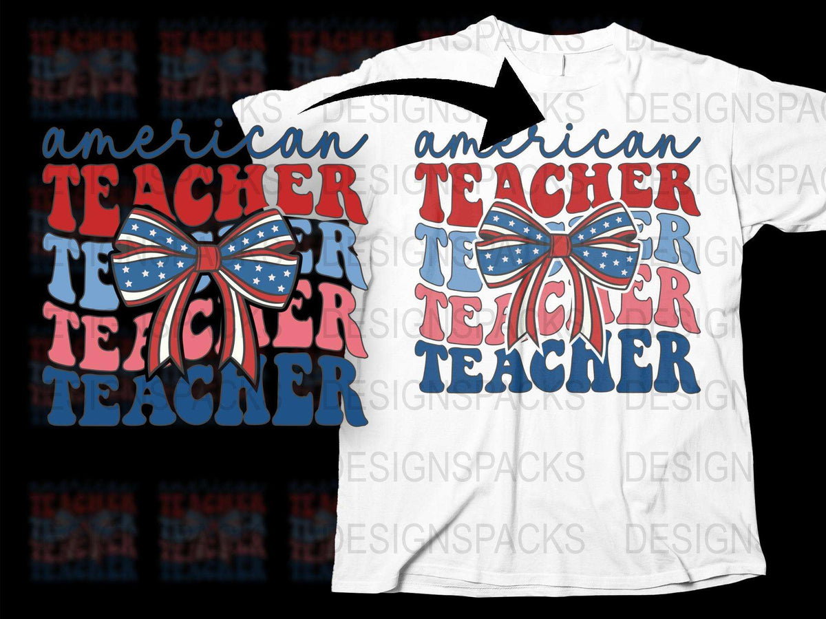 American Teacher T-Shirt, Patriotic Educator Gift, USA Flag Bow, Red Blue White Teacher Tee