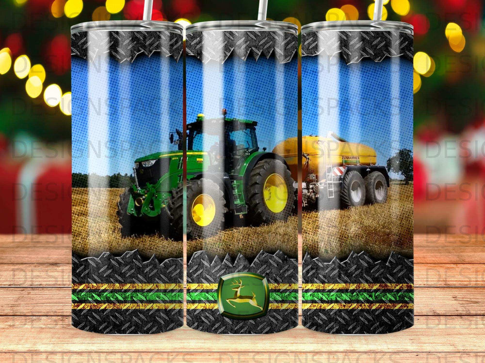 Green tractor pulling a yellow trailer with a John Deere logo.