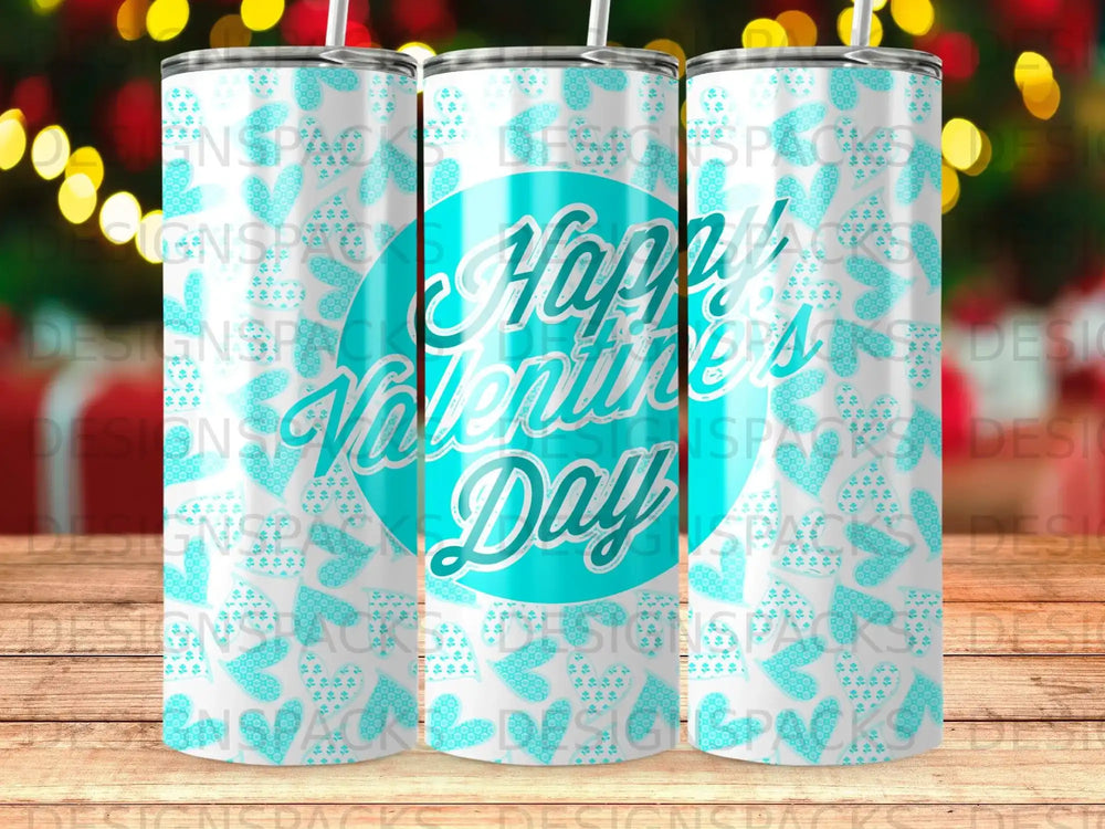 Three tall, teal tumblers with "Happy Valentine's Day" text and heart pattern.