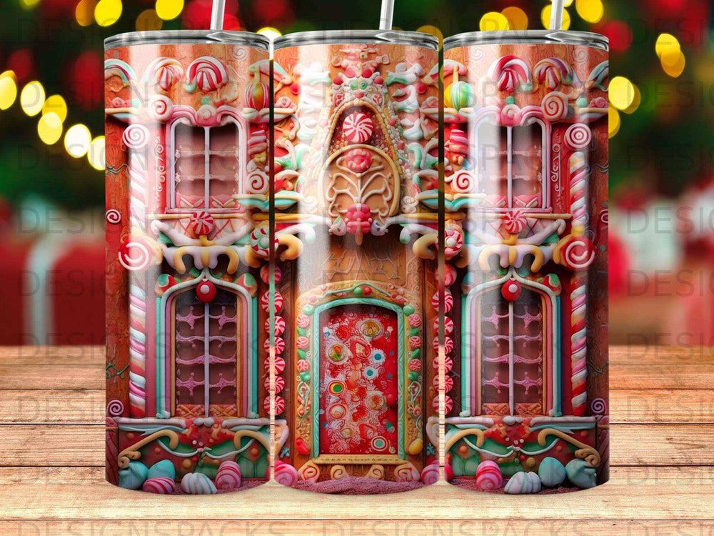 Gingerbread house themed tumbler with candy decorations and festive lights.
