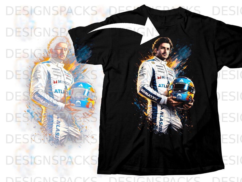 Artwork of a race car driver in a white suit holding a blue helmet on a black t-shirt.