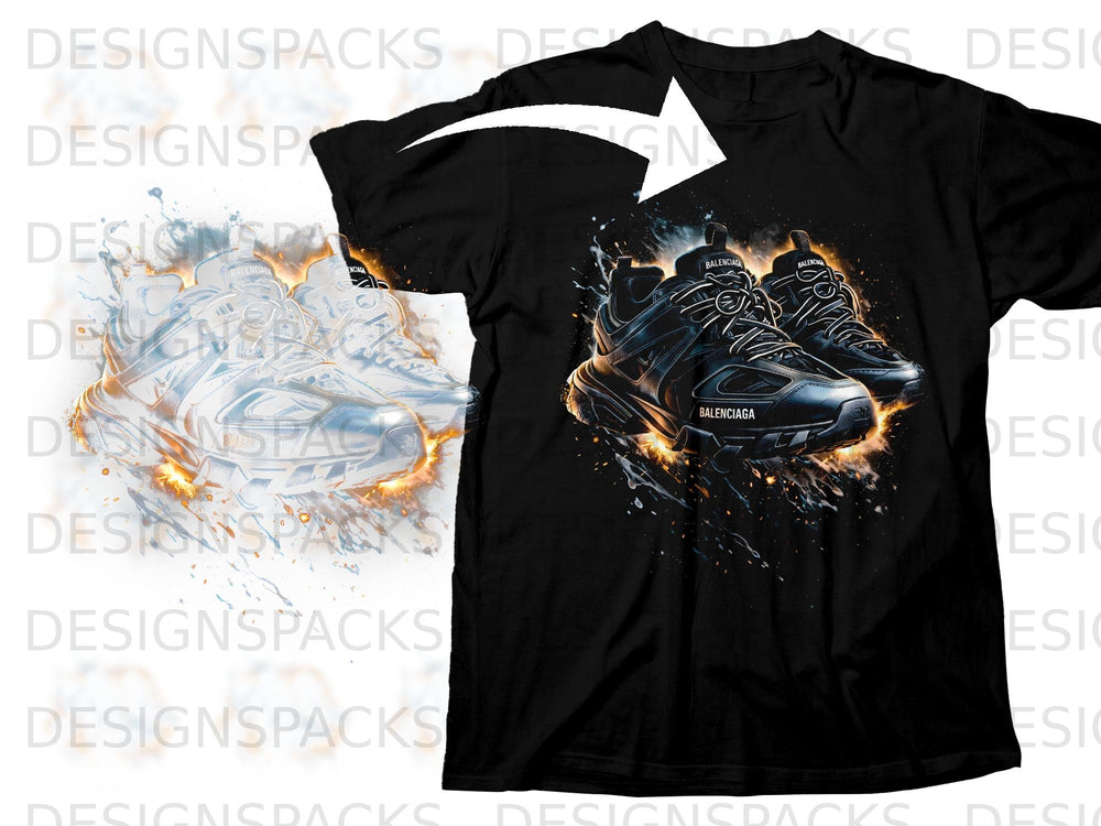 Black t-shirt with a graphic of black Balenciaga sneakers with orange flames.