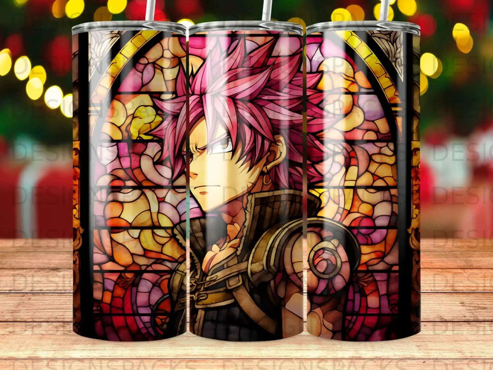 Anime character with pink spiky hair in front of a stained glass window.