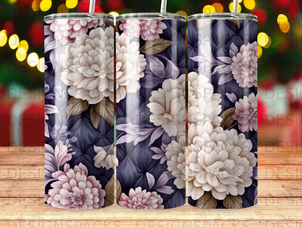 Floral tumbler with white and pink flowers and dark quilted background.