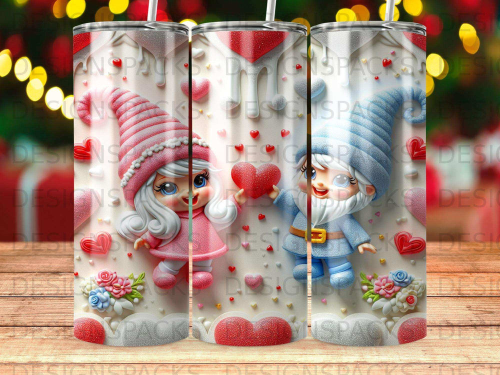 Cute gnome couple holding hearts, gift-wrapped background.