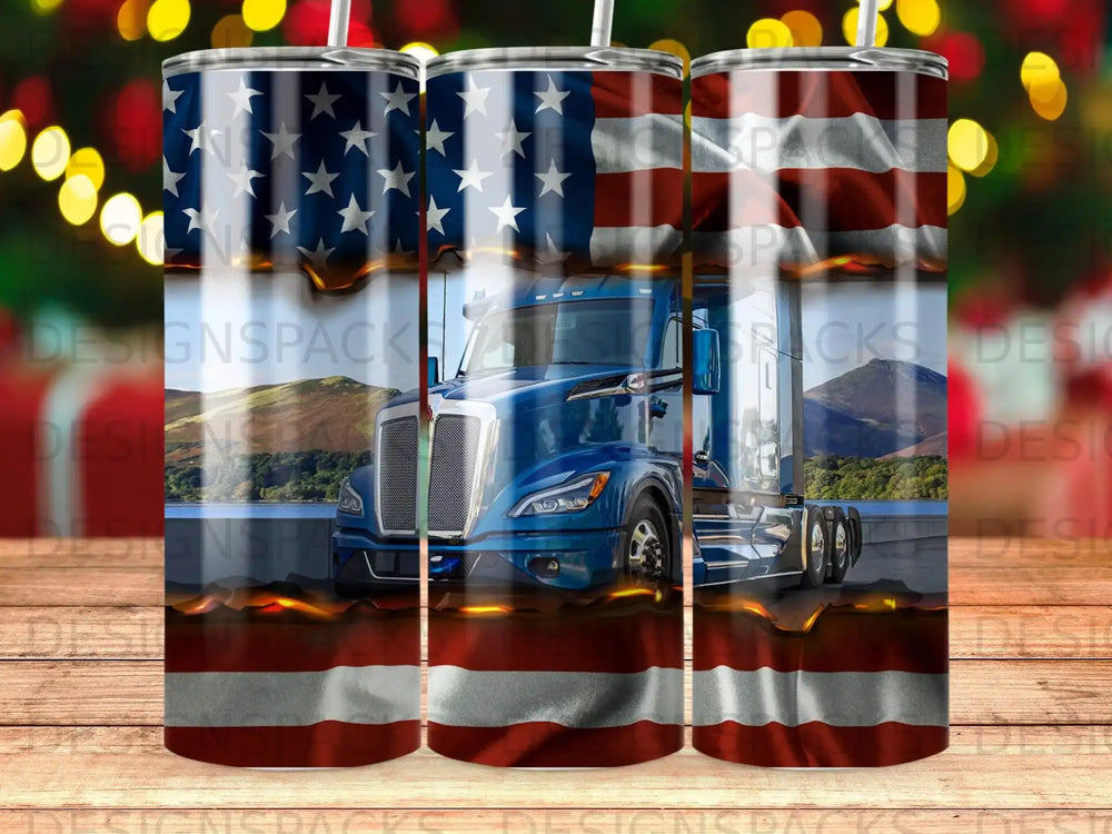 Blue semi-truck with American flag design and flames.